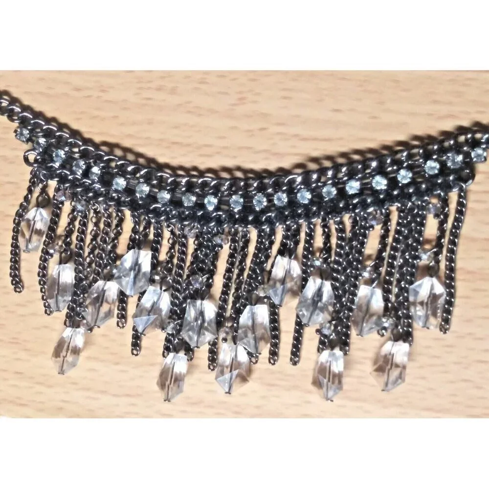Flapper Tassel Fringe Necklace Choker oxidized gray with clear rhinestones EUC